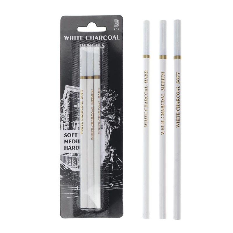 3 Pcs/Pack Professional White Charcoal Pencils Set Sketch Highlight White Pencils for Drawing Sketching Shading Blending