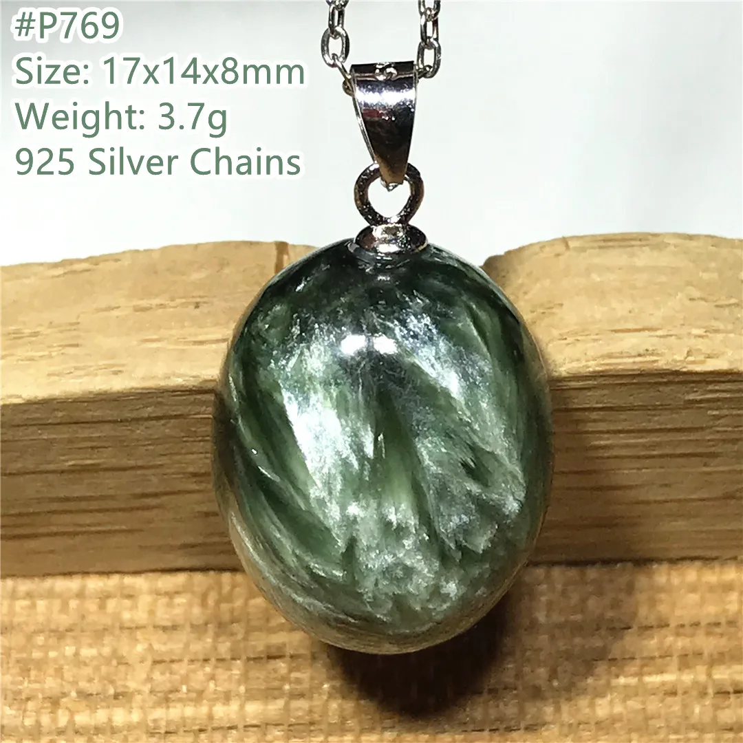 Natural Green Seraphinite Silver Pendant For Women Lady Men Healing Luck Gift Crystal Gemstone Oval Beads Rare Jewelry AAAAA