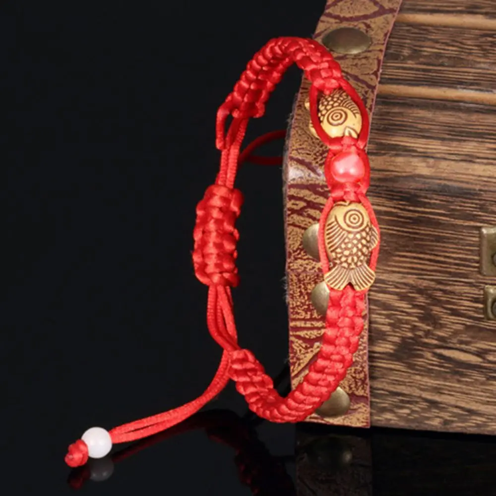 Feng Shui Red String Double Fish Lucky Wooden Twin Charm Bracelet Red Thread For Good Luck Wealth Handmade Chinese Jewelry