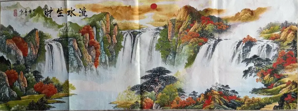 1.6M Super size Chinese Folk Silk Embroidery Landscape waterfall Thangka Tangka Painting Mural