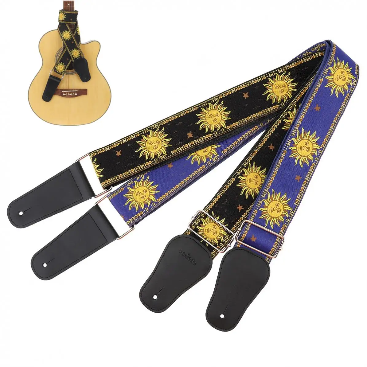 

Cotton Jacquard Weave Double Fabric Guitar Strap Sun Flower Pattern Genuine Leather Ends with for Acoustic Electric Guitar Bass