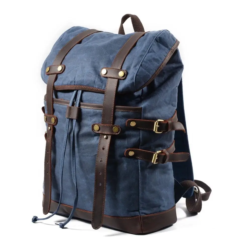 Waxed Canvas Leather Men Backpack Vintage School Military Backpack Male Outdoor Large Capacity Waterproof Laptop Travel Rucksack