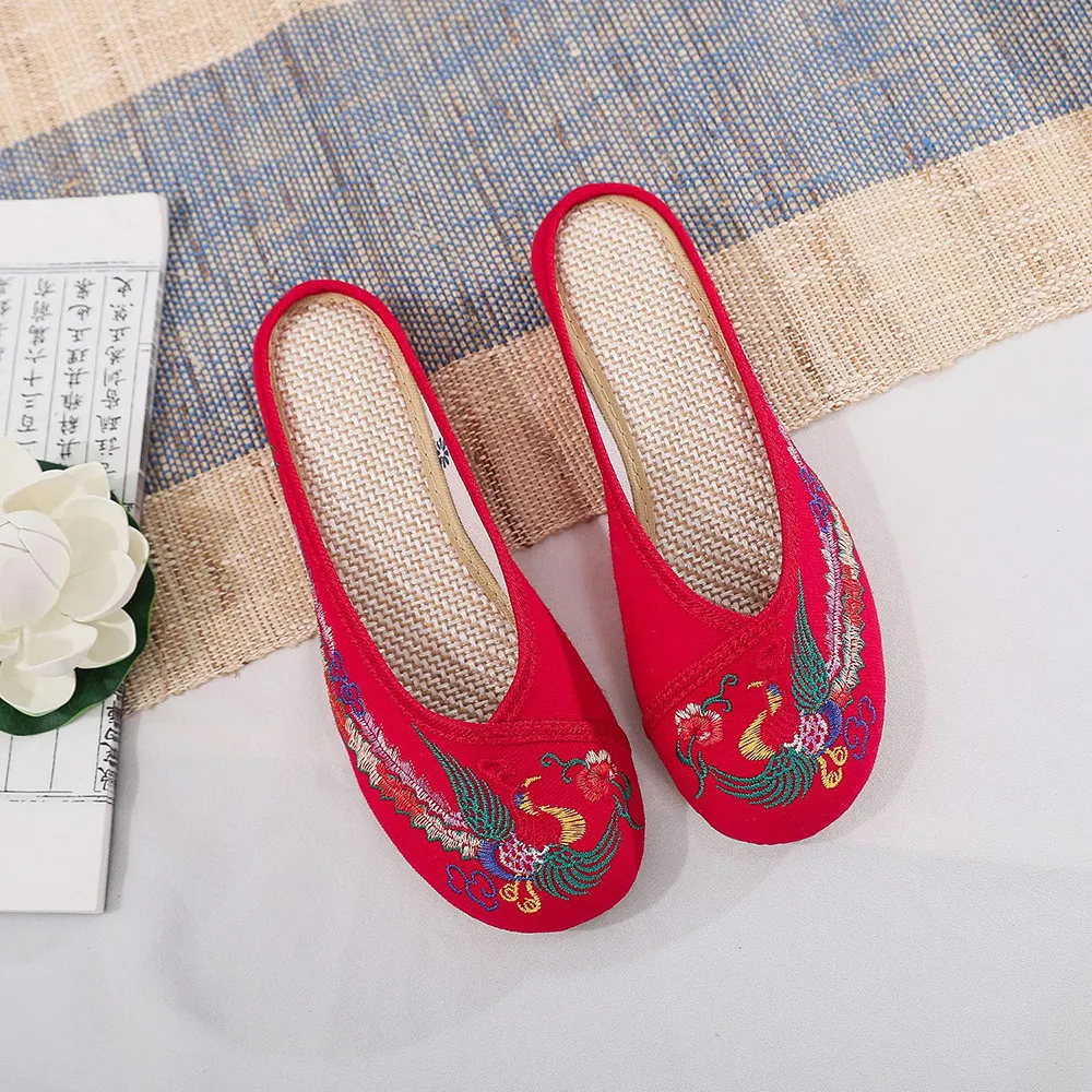 Veowalk Phoenix Embroidered Women Cotton Close Toe Flat Slippers Comfortable Summer Slides Handmade Retro Ladies Summer Shoes