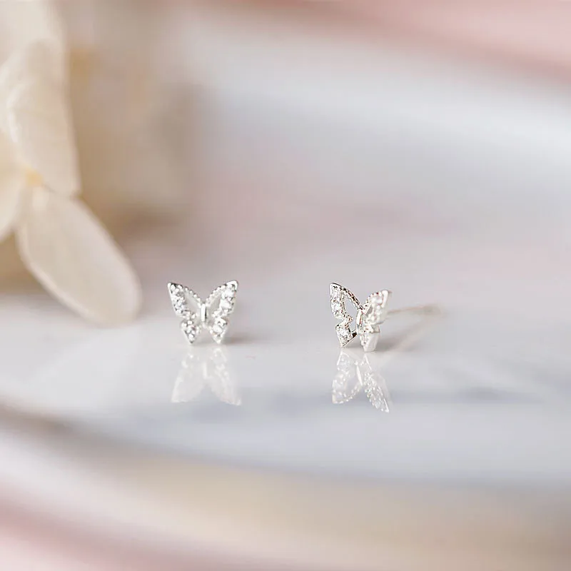 925 Sterling Silver Korean Exquisite Quality Inlaid Crystal Butterfly Stud Earrings Women Classic Daily Jewelry
