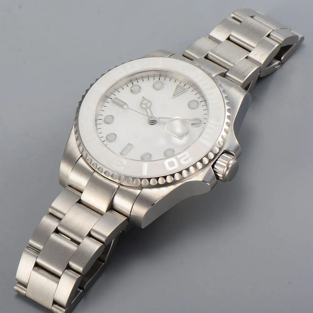 Reloj de pulsera automático para hombre MIYOTA 8215, esfera estéril blanca de cristal de zafiro, bisel de cerámica cepillado, con fecha, carcasa trasera de cristal, 40MM