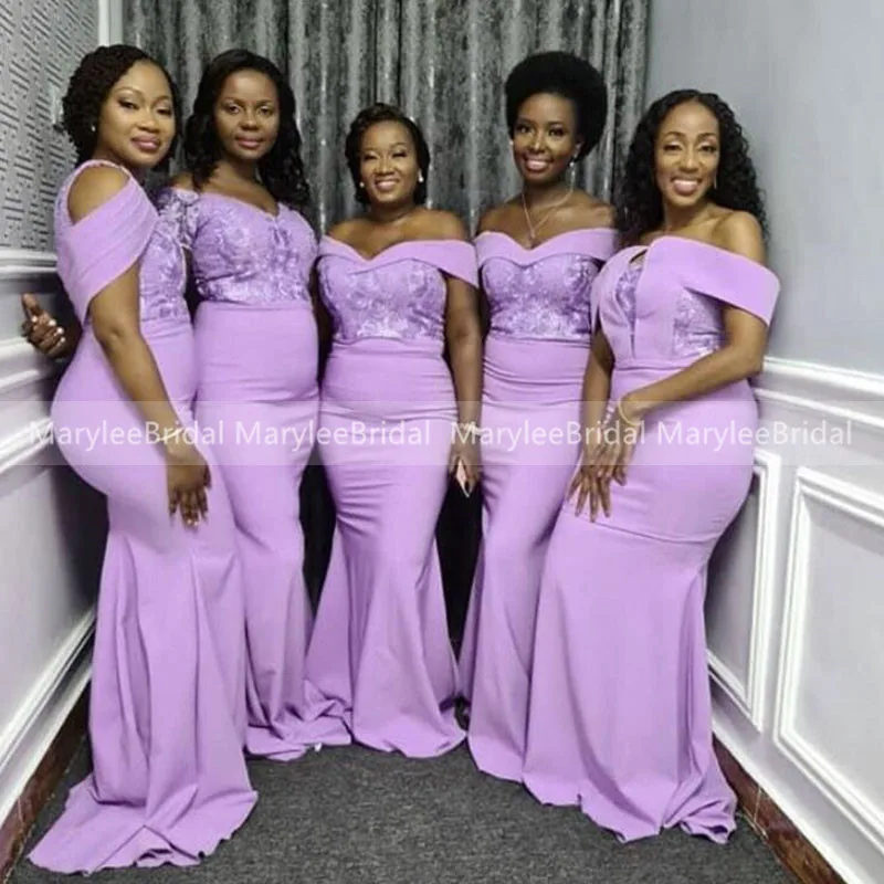 African Women Violet Bridesmaid Dresses Off the Shoulder Mermaid Lace Top Plus Size Vestidos Long Prom Dress Wedding Party Gowns