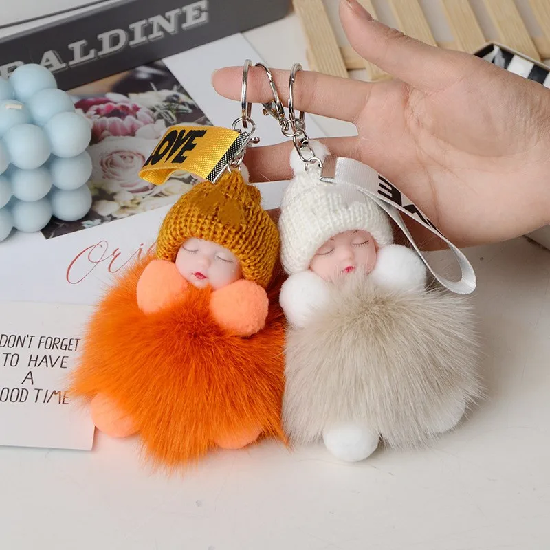 Real Fox Fur Pompom Sleeping Baby Keychain Cute Fluffy Plush Doll Women Girl Bags Keyring Cars Keychain Gift Charming Decoration