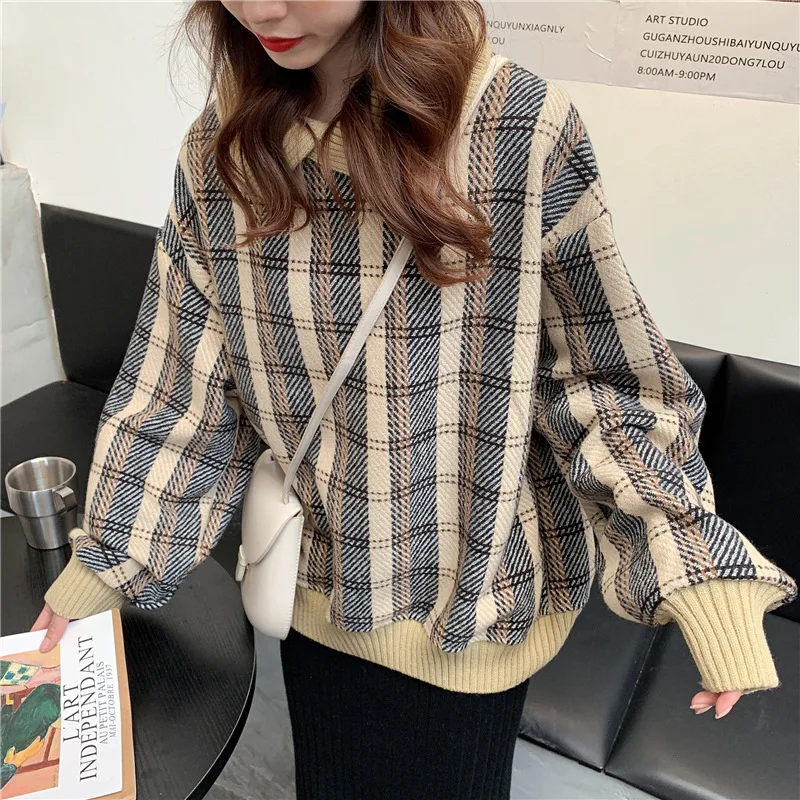 

2021 Autumn Winter Warm Plaid Sweatshirt Women Korean Lazy Wind Loose Casual Checkered Hoodies Lantern Sleeve Pullovers Tops