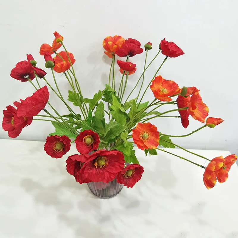 4 Heads  Simulated Poppy Flower Fake Flower Wedding Decoration Home Accessories Red and Yellow Ornaments Layout Scene