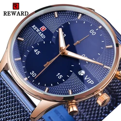 Blue Watch Men Chronos Luxury Quartz Movement Classic Waterproof REWARD Watch for Business Stainless Steel Strap Relogio