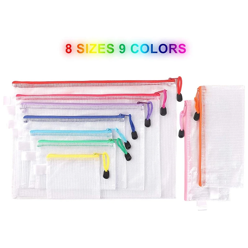 18 Pack 8 Maten Rits Mesh Pouch, waterdichte Rits Bestand Zakken Document Pouch Multifunctionele Reistassen (9 Kleuren)