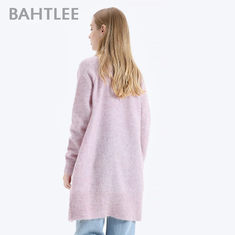 BAHTLEE-Women\'s Mohair Cardigan Sweater, Wool Knitted Jumper, Loose Coat, V-Neck, Long Sleeves, 6 Colors, Autumn