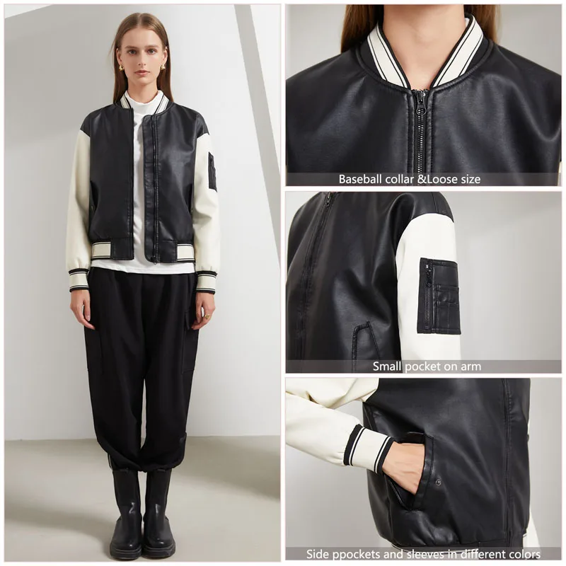 Honkbal Uniform Jas Herfst Vrouwen Pu Lederen Jas Mode Patchwork Leren Jas Losse Motorfiets Top Uitloper Lady WF268