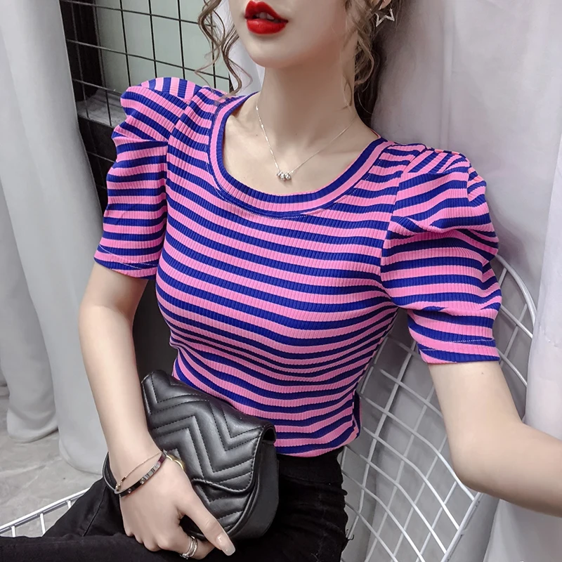 2021 Summer Girls O-neck T-shirts Tops Woman Slim Short Puff Sleeve Vintage Striped T-shirt Tee Female