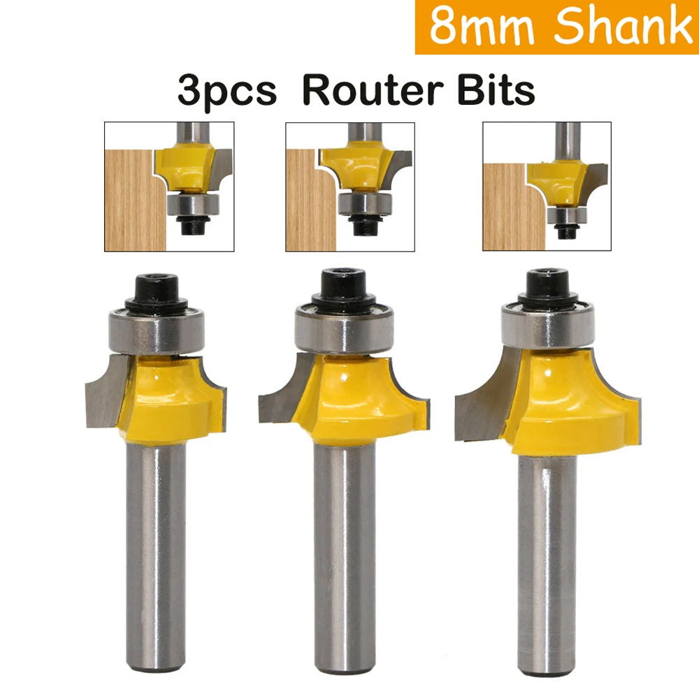 3pcs 8mm Alloy Router Bits 8-Handle Fillet Knife Milling Cutter for Wood Woodworking Cutting Tool