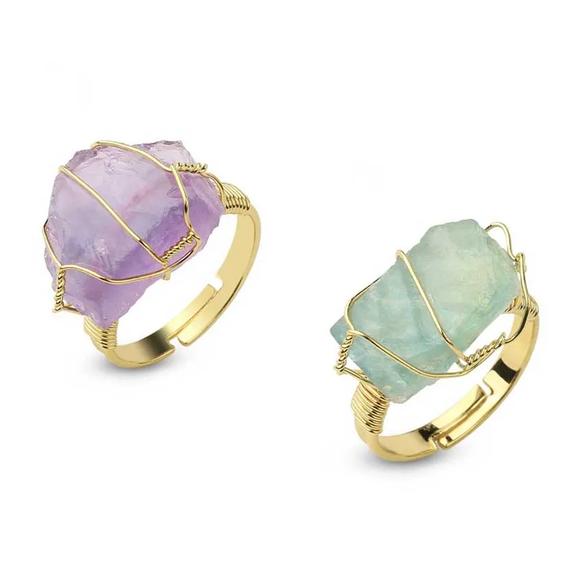 KFT Natural Stone Irregular Wire Wrap Women Rings Healing Purple Crystal Fluorite Gold-color Resizable Fashion Finger Ring