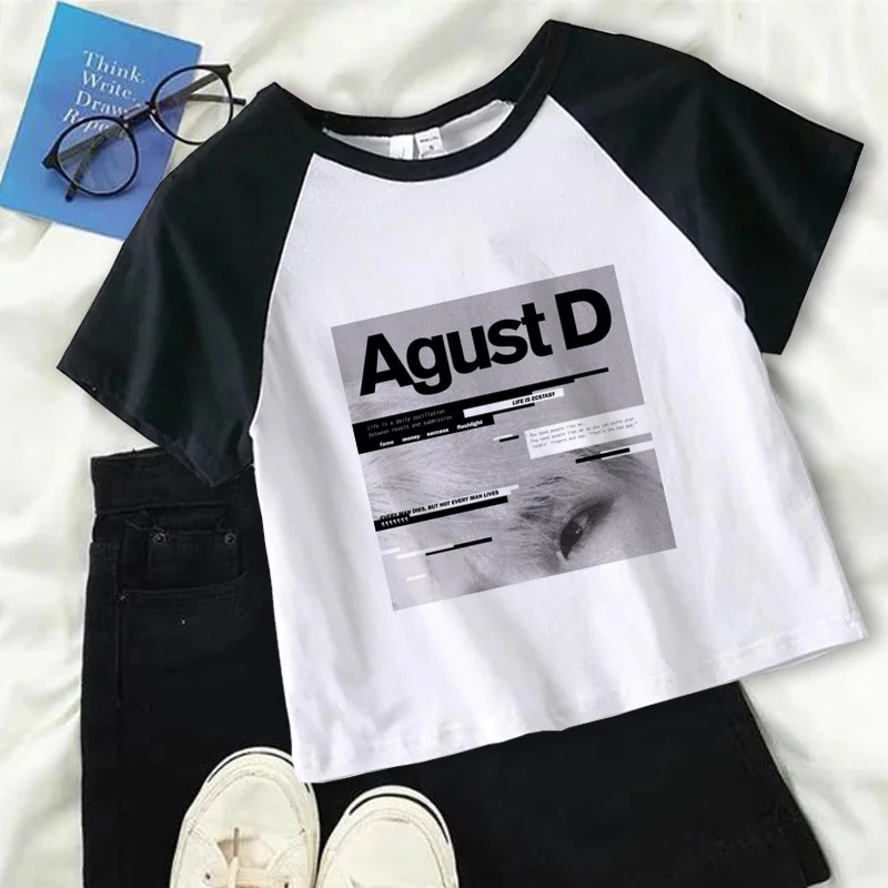 Agust D Black T-shirts Crop Top Y2k Women Female Short Sleeve Tees Summer Clothing Girl Streetwear Harajuku Graphic Tee Tops