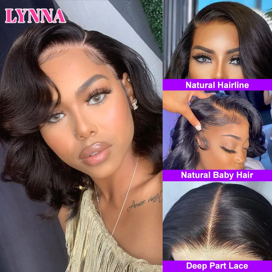 13X4 Wig Rambut Manusia Gelombang Tubuh Bagian Samping Wig Remy Depan Renda Gelombang Tubuh Brasil Bob Pendek dengan Rambut Bayi 150 Telah Ditanami