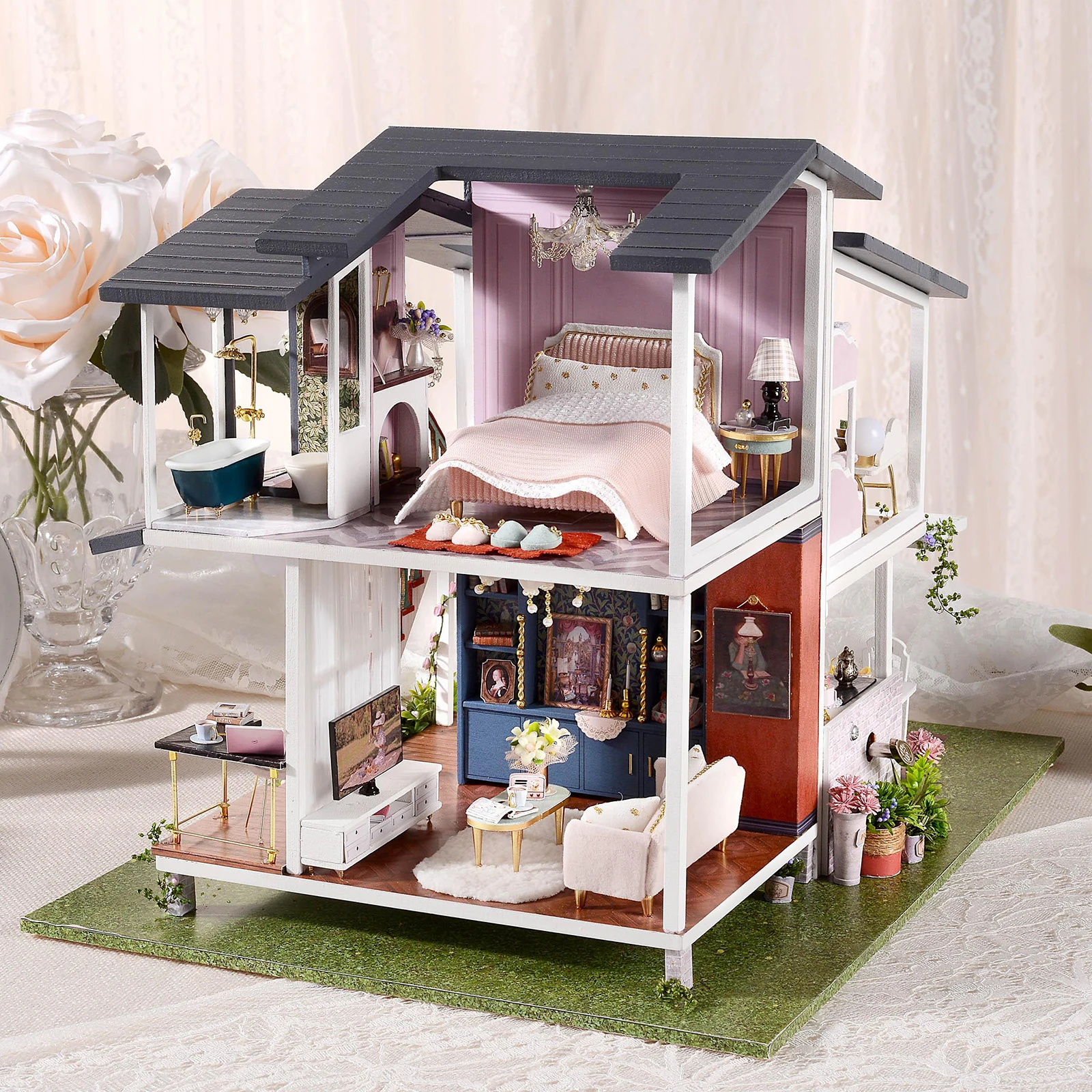 DIY Handcraft Miniature Creative Doll House Furniture Kits Mini Wood Romantic Modern Villa Cottage House LED Light Puzzle Toys