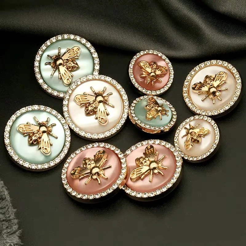 Retro Rhinestone Metal Decor Bee Pink/Blue/White Pearl Buttons For Clothing Coat Cardigan Sweater Sew Needlework Accessories