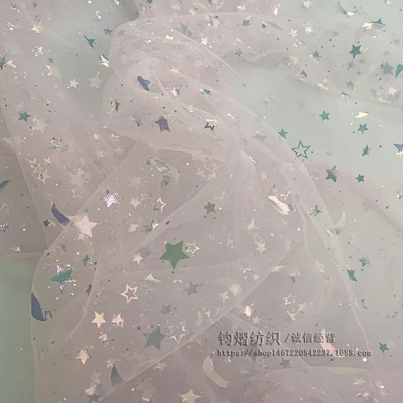 160cm Wide Shiny Soft Tulle Star Moon Printed Mesh Lace Patchwork Material DIY Sewing Dolls Cloth Princess Dress Wedding Fabric