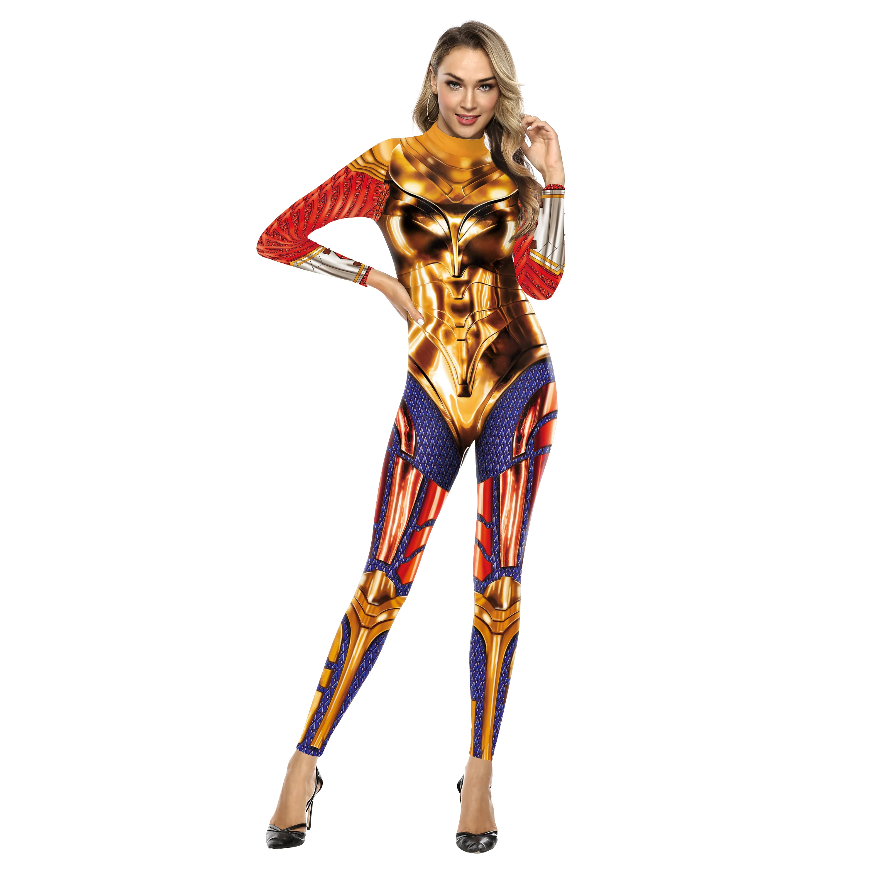 Frauen Superhero Cosplay Kostüm Gedruckt Overall Outfit Phantasie Kleid Kleidung Erwachsene Bodysuit Zentai Muscle Anzug Rüstung Kampf Anzug