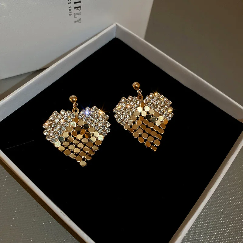 New Chic Golden Color Love Drop Earrings For Women Elegant Short Rhinestone Cute Small Fashion Jewelry Wholesale