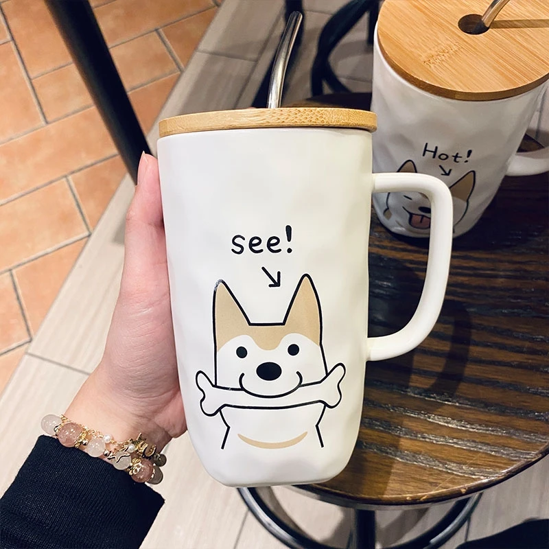 Tazza di Design creativo per cani tazza da caffè in ceramica con coperchio in legno cannuccia in acciaio inossidabile 600ml tazze da tè al latte di