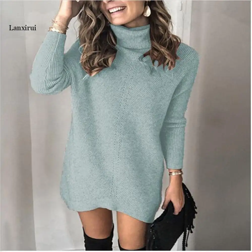 Autumn Women High Lapel Pure Color Long Sleeve Pullovers Dress Temperament Commuter Casual Loose Thick Warm Kniting Sweater