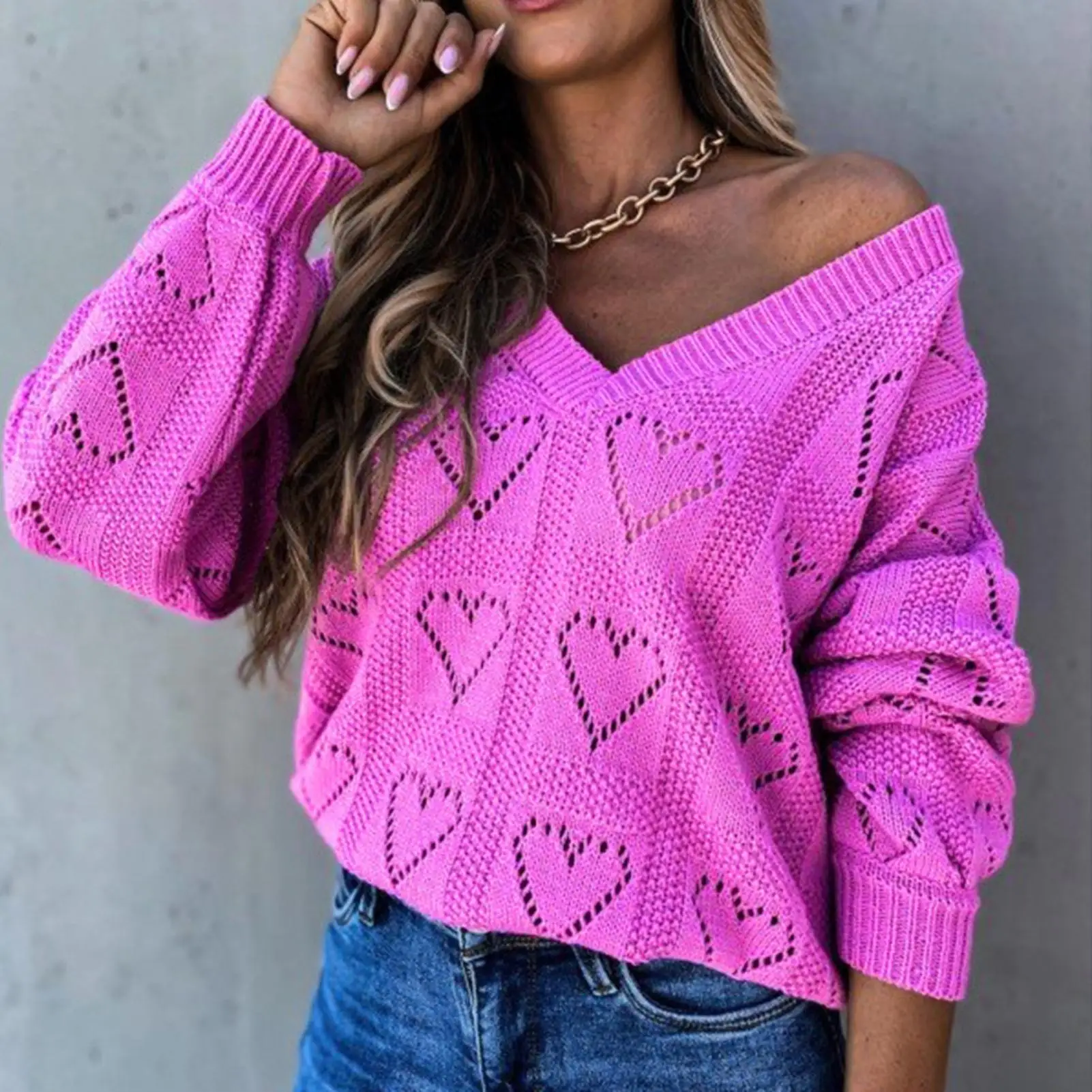 

Women Casual Sweaters Autumn Winter Love Heart Hollow Crochet Sweater Loose Knitwear V Neck Loose Sexy Tops