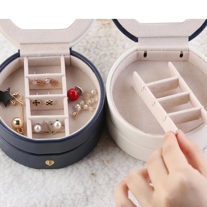 Luxruy pretty Leather Travel Portable Mini stud earring ring Jewelry Box Case with Mirror Jewellery Display Box Makeup Organizer