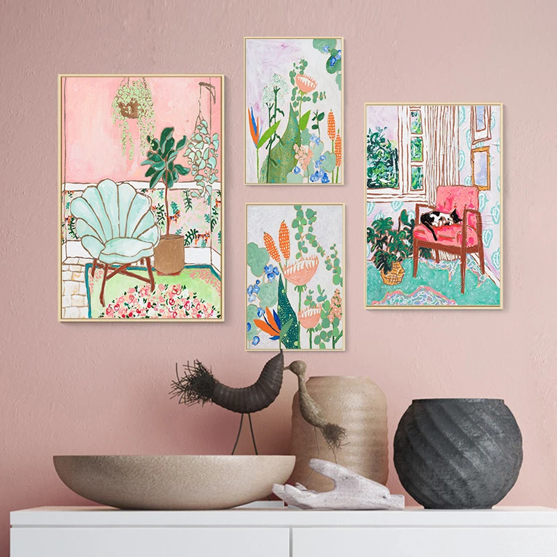 Nordic Pink Oil Painting Flower wall art canvas Posters Prints Landscape Pictures Living Room morden print Unframed Poster