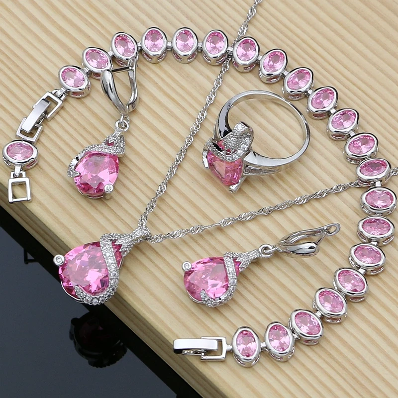 

Romantic Gift 925 Sterling Silver Jewelry Sets Pink Cubic Zirconia Earrings Bracelet Fashion Bridal Wedding Set Dropshipping