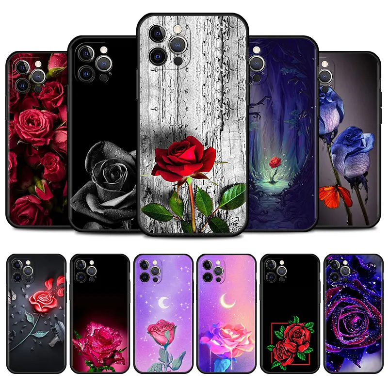 Case for iPhone 11 12 13 Pro Max 12 Mini XR X XS MAX SE 7 8 Plus 14 15 Pro Max 11 Phone Cover Fashion Red Roses Flower