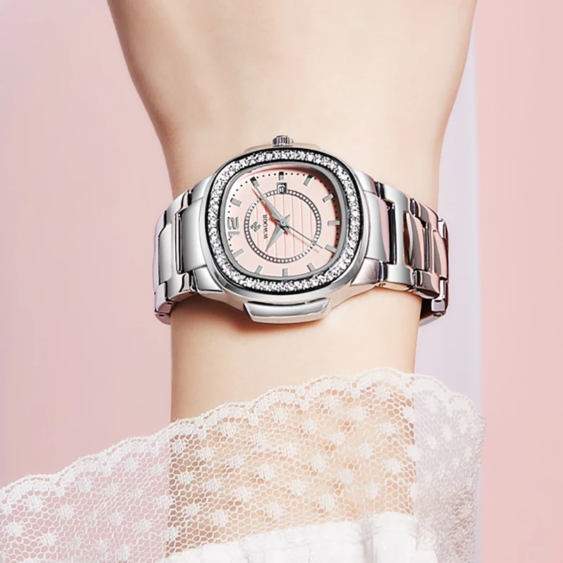 Japanese Quartz Movement WWOOR Brand Pink Ladies Bracelet Watches Famous Luxury Fashion Design Square Steel Women Wristwatch