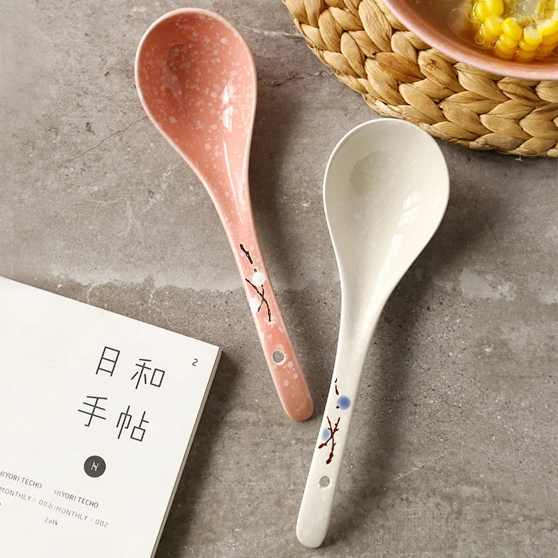 Japanese Ceramic Spoon Handpainting Porcelain Soup Spoon Kitchen Cooking Utensil Tool Creative Milk Stirring Spoon Tableware