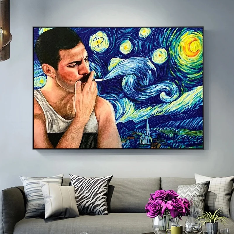 Canvas Painting Freddie Mercury Bohemian Rock Music Star Posters And Prints Van Gogh Starry Night Wall Art Picture Living Room