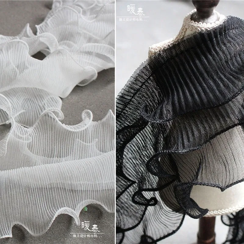 12cm Ruffle Wave Lace Trim 3 Layers Black White DIY Patchwork Decor Ruffle Cuff Collar Skirts Wedding Dress Designer Accessories