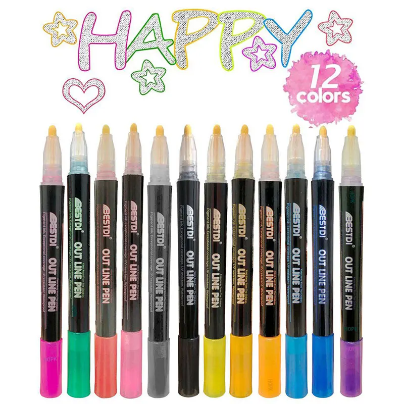 12 Color Metal Paint Marker Pen set Double Line Pen Outline Marker Glitter for Drawing Painting Doodling School Supplies