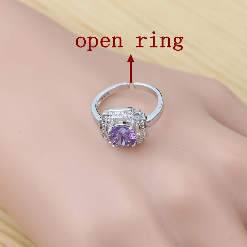 925 Sterling Silver Jewelry Set Round Amethyst Earrings Adjustable Ring Pendant Necklace Bracelet for Women
