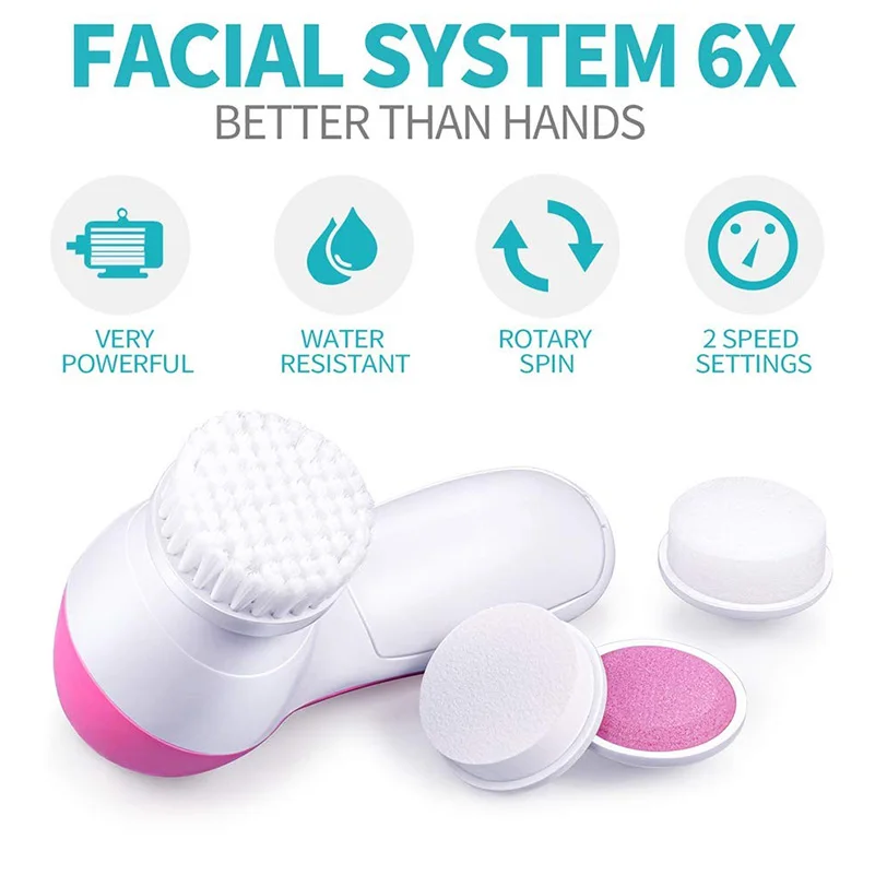 5 in 1 Facial Cleansing Brush Face Pore Cleaner Washer Facial Skin Care Cleaning Brush Set 2 Speeds Massager With 5 Brush Heads