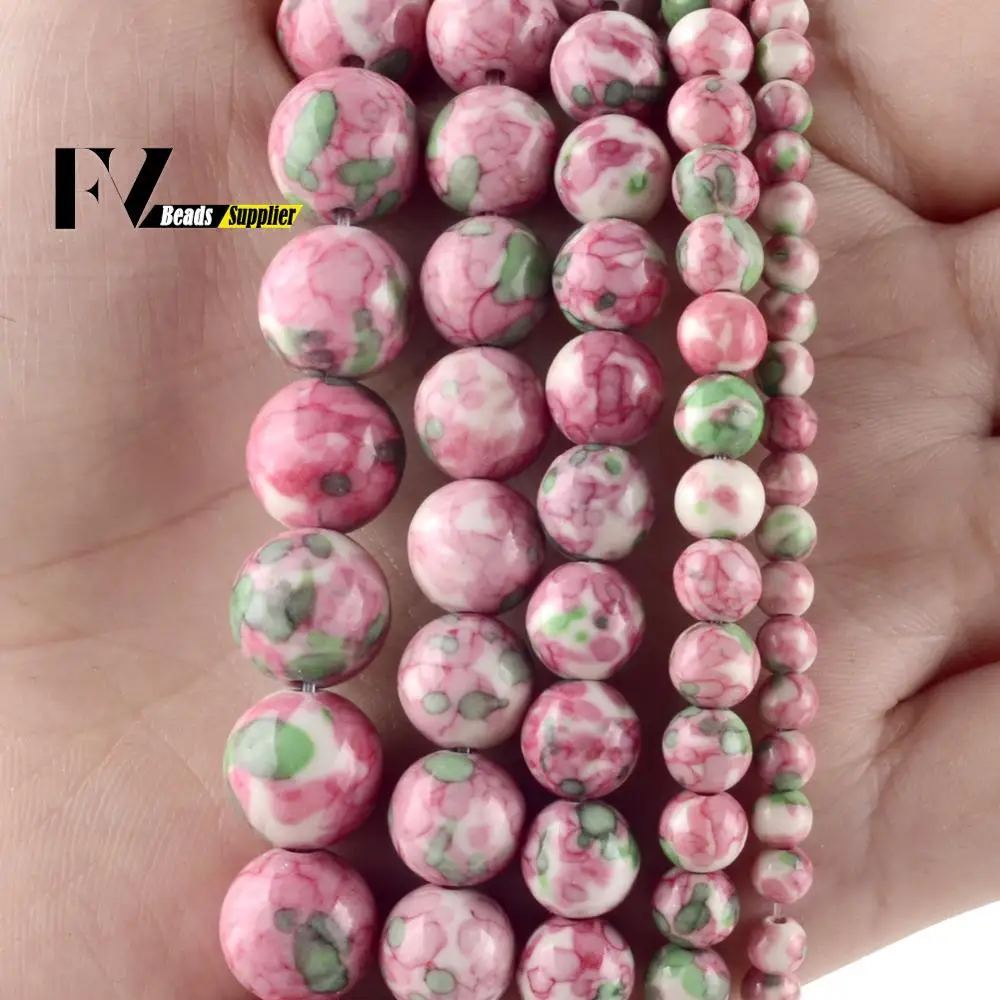 Natural Rose Red Green Spotted Rain Flower Beads For Jewelry Making Diy Bracelets 4/6/8/10/12mm Round Loose Spacer Stone Beads