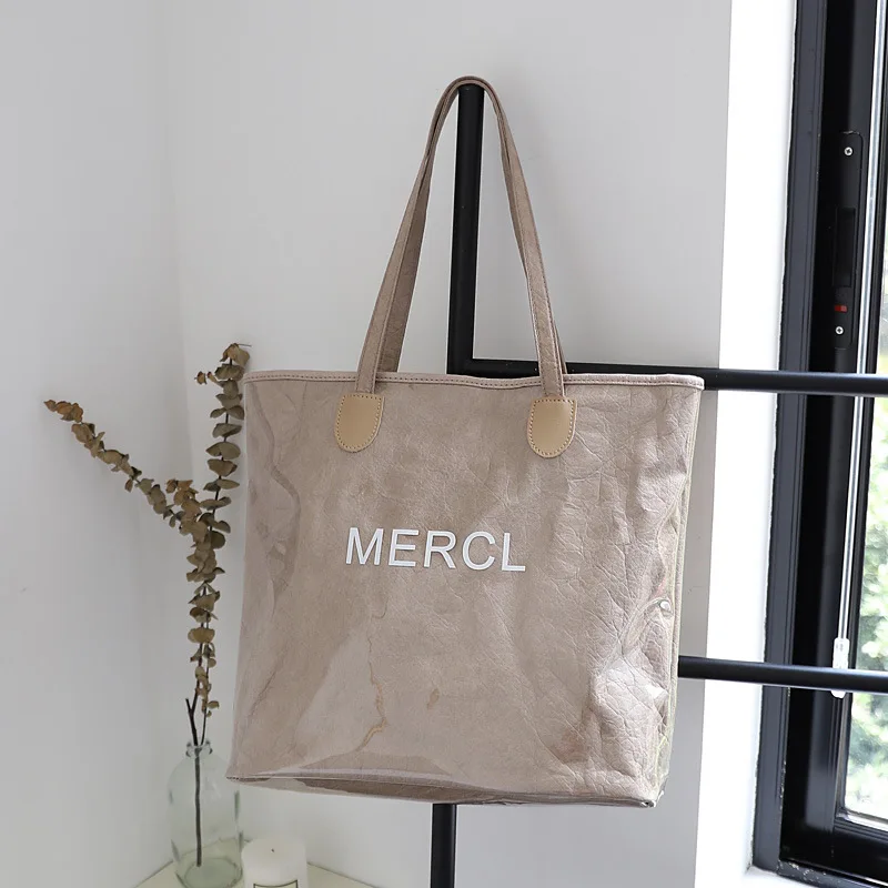 

Double Transparent Pvc Handbag Korean Version of Kraft Paper Shopping Single Shoulder Bag Letter Printing Fashion