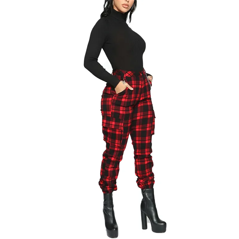 Red Plaid Pants Women Slim Hight Waist Trousers Women Harem Pants Pockets Without Chain Plus Size Ladies Streetwear Spring