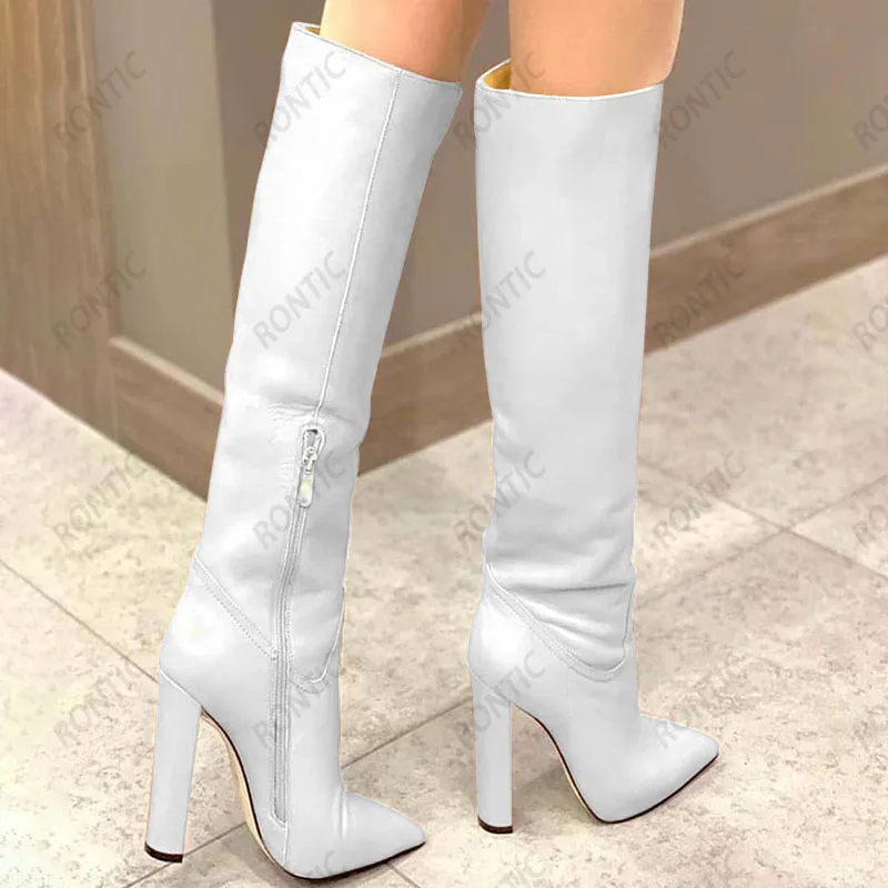 Rontic Handmade Women Winter Knee Boots Side Zipper Matt Chunky Heels Pointed Toe Fabulous Nude Party Shoes US Size 5-15