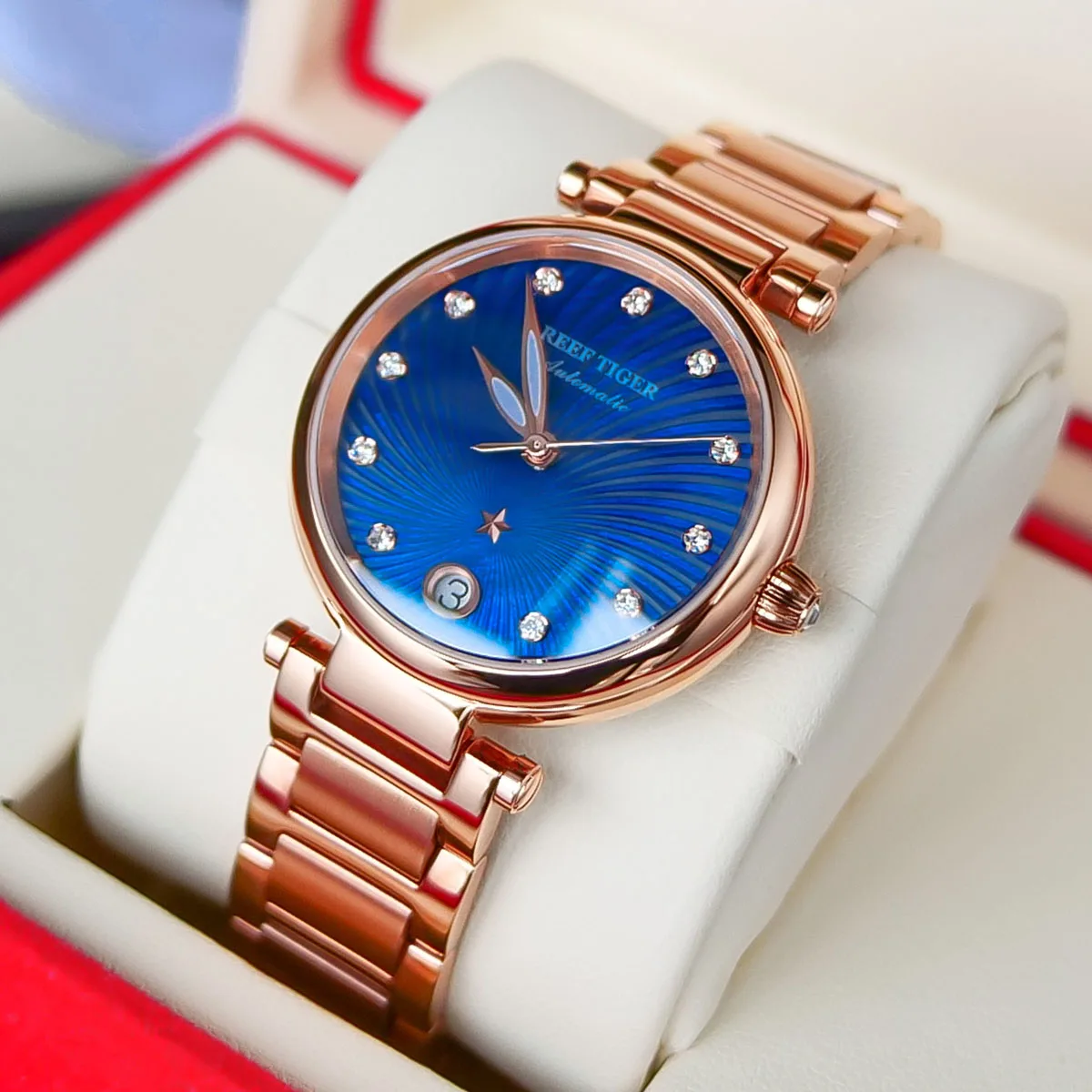 

Reef Tiger/RT New Design Luxury Rose Gold Watch Blue Dial Automatic Watches Women Diamond Bracelet Watch reloj mujer RGA1590