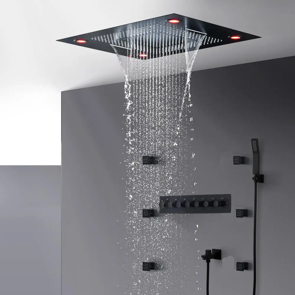 600*800mm big shower Waterfall Rainfall bathroom shower faucet brass luxury Thermostatic shower faucet Complete set LED Light