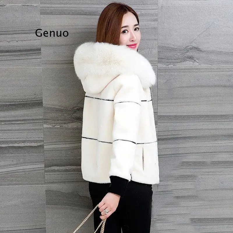 New Women\'s Winter Sheep Sharing Overcoat Ladies High Waist Slim Faux Fur Jacket Female Fake Fox Fur Hooded Short Coat