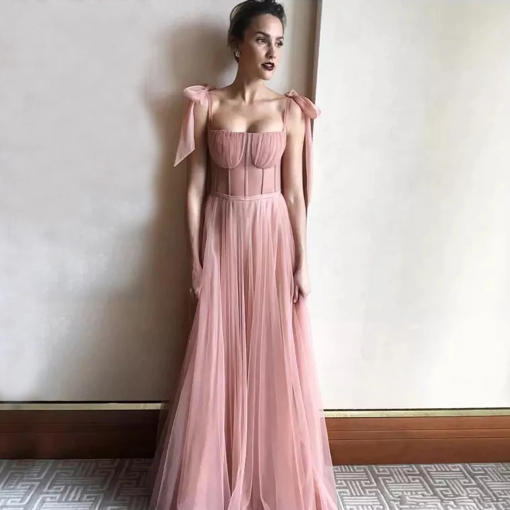 

Arabic Bean Pink Evening Dresses 2024 Tulle A-line Long Prom Party Gowns Illusion Bodice Formal Straps Bow Knot Robe De Soiree