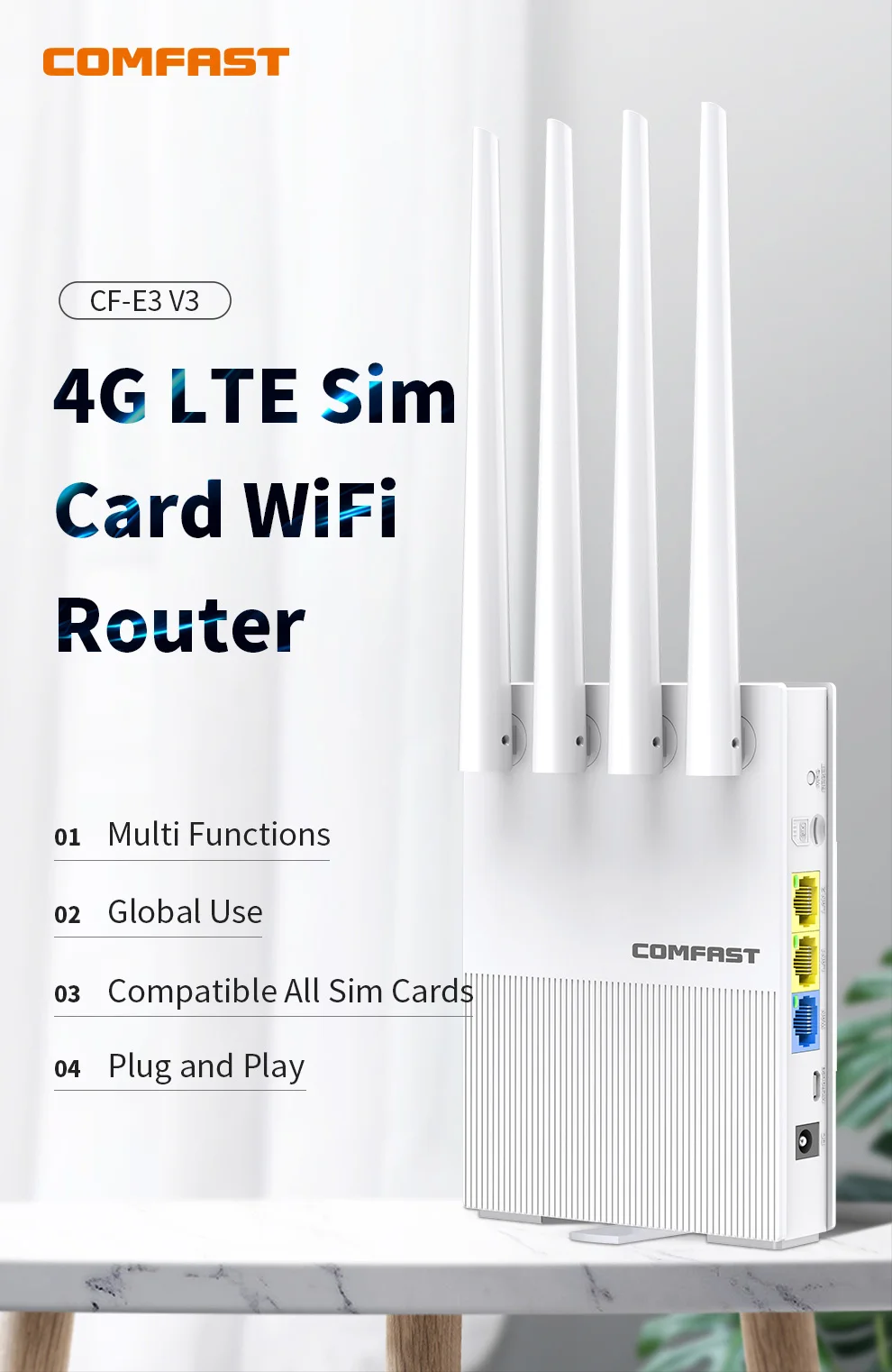 4G LTE 300Mbps 2.4G Wifi Router plug&play Modem With SIM Card Slot Wireless Access Point 4*5dBi Omnidirectional Antennas